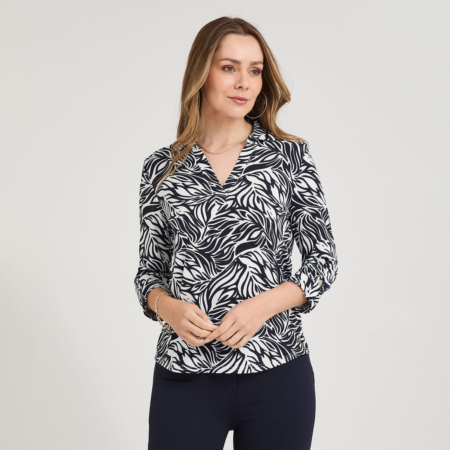 Polera Manga 3/4 Cuello Camisero Estampada Azul